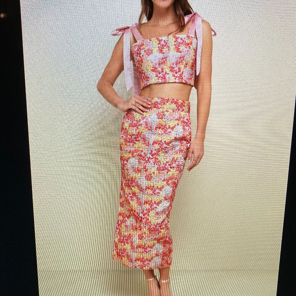 Lulus Pink Multi Metallic Tie-Strap Two-Piece Jacquard Midi Dress Women Size M